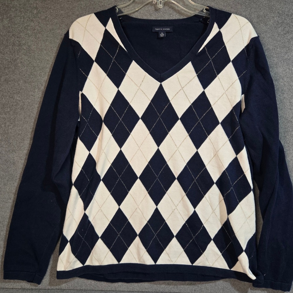 Tommy Hilfiger Womens XL Argyle V-Neck Sweater Navy White Metallic Knit Preppy